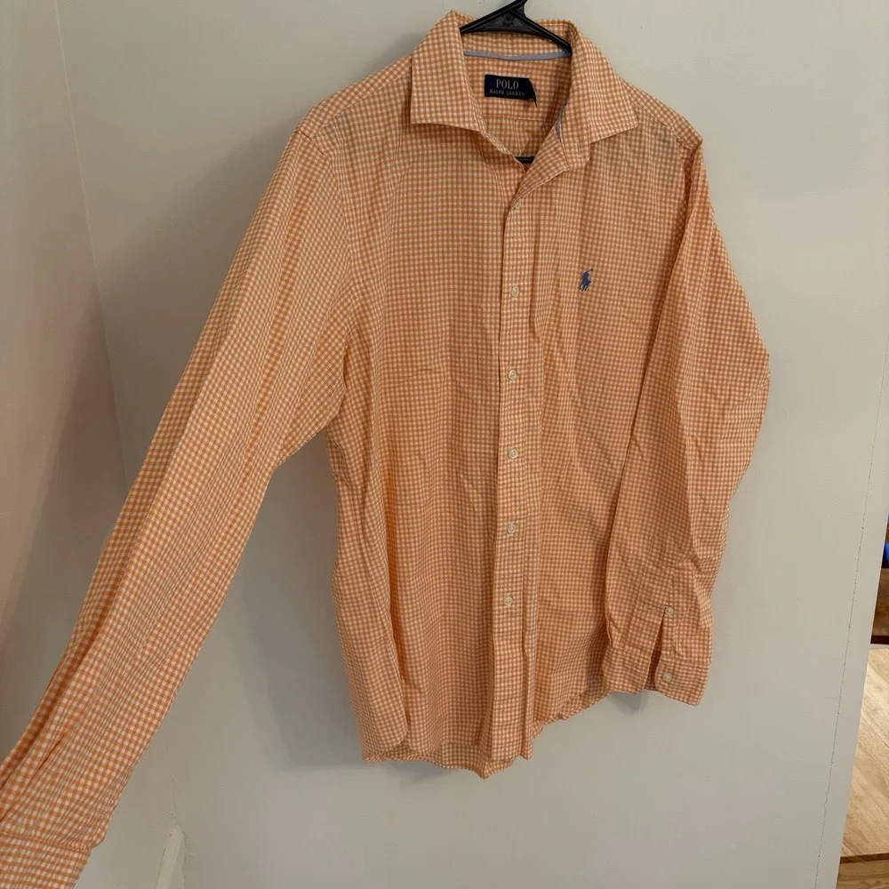 Polo Ralph Lauren Button Down Shirt Orange White Gingham Check Mens Medium‎